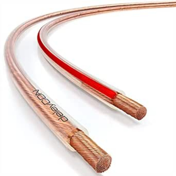 deleyCON 50 m Speaker Cable 2 x 1.5 mm² Pure Copper OFC Speaker Cable Audio Speaker Cable for HiFi Speakers & Surround Polarity Marking Transparent