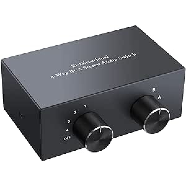 PROZOR 4 kanālu RCA audio pārslēgšanas slēdzis 4(2)-IN-2(4)-OUT Divvirzienu RCA L/R stereo pasīvā audio adaptera pārveidotājs vienkāršai pārslēgšanai starp vairākām ieejām un izejām