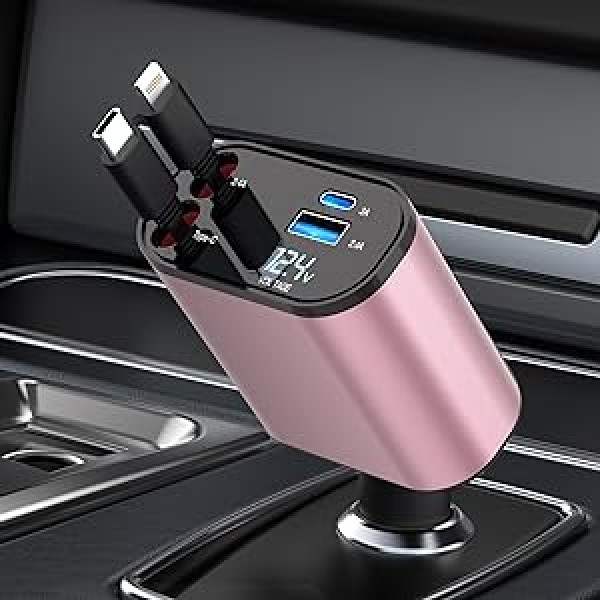 COCIVIVRE automašīnas ātrā lādētāja automašīnas izvelkamais cigarešu šķiltavas 100 W kontaktdakšas adapteris USB izvelkamais automašīnas lādētājs MultiPort iPhone 15/14/13/12/Pro Max/Sumsang S23/S22/S21/Pixel 7/6 (rozā)