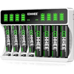 OOHHEE baterijų įkroviklis su 4 x AA baterijomis ir 4 x AAA baterijomis, skirtomis Mignon AA, Micro AAA NI-MH/NI-CD įkraunamomis baterijomis, 8 įkrovimo vietos su dideliu LCD ekranu
