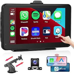 Podofo Apple Carplay Android automašīnas portatīvais auto radio ar 7 collu IPS skārienekrānu, automašīnas ekrāns ar navigācijas Airplay Bluetooth/WiFi FM raidītāju, balss vadība ar atpakaļgaitas kameru/teleskopisko stiprinājumu