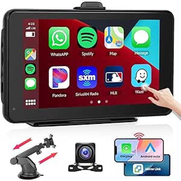 Podofo Apple Carplay Android automašīnas portatīvais auto radio ar 7 collu IPS skārienekrānu, automašīnas ekrāns ar navigācijas Airplay Bluetooth/WiFi FM raidītāju, balss vadība ar atpakaļgaitas kameru/teleskopisko stiprinājumu