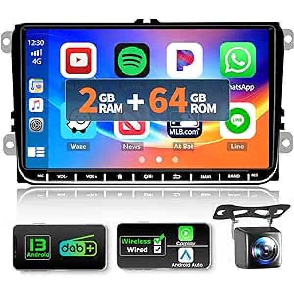 2+64GB DAB/DAB+ auto radio priekš VW Golf 5 6 Polo Passat Skoda ar bezvadu Apple Carplay Android Car, 9 collu ekrāna skārienekrāna radio ar navigācijas RDS WiFi USB RCA atpakaļgaitas kameru CANBUS