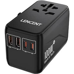 LENCENT universālais ceļojumu adapteris 100 W GaN3 International Travel Plug ar 2 QC4.0 USB-A+2 PD3.0 Type-C PPS ātrās uzlādes, visā pasaulē sienas lādētājs ASV/UK/ES/AU ligzdām, melns