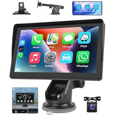 Camecho CarPlay un Android Car Wireless, pārnēsājams automašīnas radio ar 7 collu displeju, navigācija, FM raidītājs, spoguļa saite, SWC, Bluetooth un USB/TF + AHD 1080P aizmugurējā kamera (12–26 V)