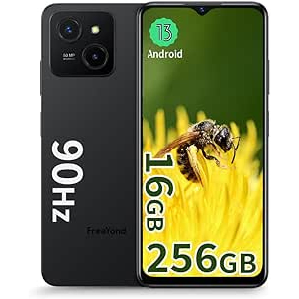 FreeYond M5A 16GB+256GB/2TB paplašināms, mobilais tālrunis bez līguma, 6,6 collu HD+ 90Hz ekrāns, astoņkodolu, 50MP AI kamera, 5000mAh, Android 13 Dual SIM, sejas ID/pirkstu nospiedums/GPS, melns