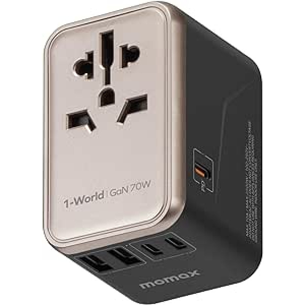 MOMAX ceļojumu adapteris visā pasaulē 70 W GaN ātrā uzlāde, universāls ceļojumu spraudnis Vision Pro ar 2USBA, 3USB C, 1AC, starptautiskais kontaktligzdas adapteris, 6 ierīču vienlaicīga uzlāde ASV UK AUS EU