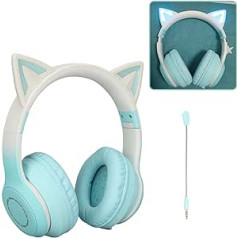 Gugxiom Cat Ear austiņas, bezvadu spēļu austiņas, izmantojot Bluetooth 5,1/3,5 mm AUX kabeli, salokāmas austiņas ar 7 krāsu LED gaismām un 4 LED režīmiem meitenēm (dārzeņiem)