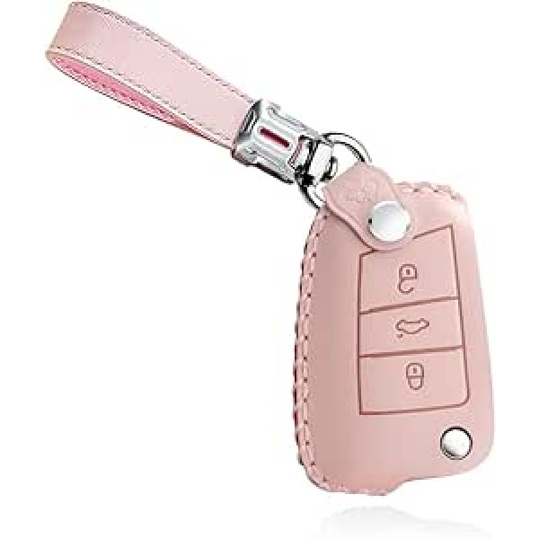 HIBEYO Flip Key der Skoda automašīnas atslēgas korpusa aizsargvāciņš priekš VW Golf 7 MK7 Seat Leon Skoda Superb ādas atslēgas vāciņš Remote Key Flip 3 pogas ar atslēgu piekariņu rozā krāsā