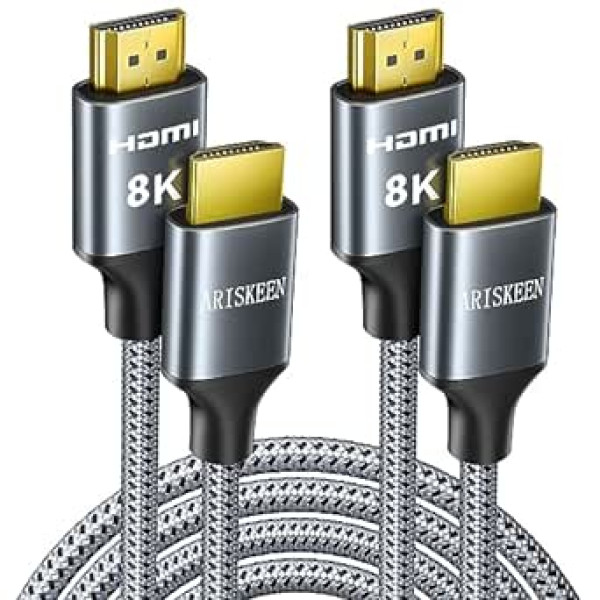 ARISKEEN 8K HDMI 2.1 kabelis 2,5 m, 2 komplekts, Ultra HD 48 Gbps liela ātruma neilona pīts HDMI kabelis, atbalsta 8K @ 60HZ, 4K @ 120 Hz, eARC HDR10, saderīgs ar televizoru Xbox One PS4 PS5 Switch Monitor