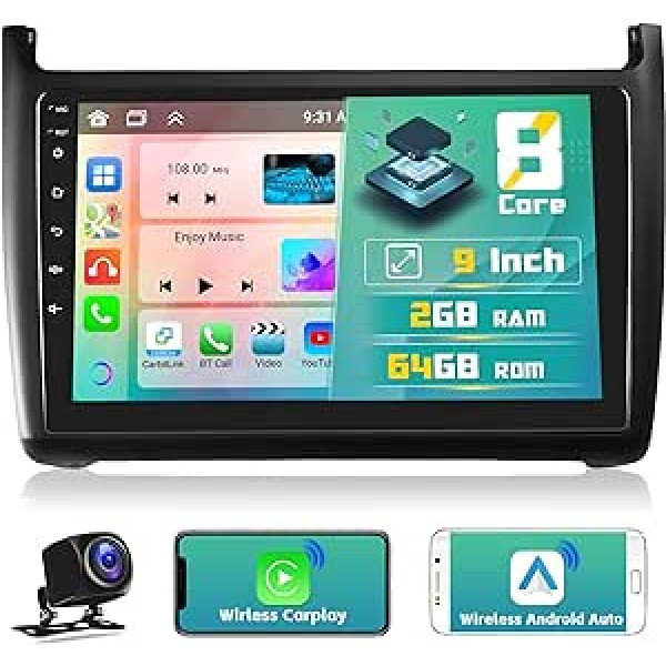 8 kodolu 2G + 64G Hikity priekš VW Polo 2011 2012 2013 2014 2015 2016 Android 13 automašīnas radio ar satelīta navigācijas sistēmu, bezvadu CarPlay un Android Car, dubultā DIN 9 collu skārienekrāna automašīnas radio ar GPS DSP RDS WiFi