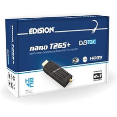 „Edision Nano T265+“ antžeminis DVB-T2 ir kabelinis DVB-C HDMI rakto imtuvas, H265 HEVC, FTA, „Full HD“, PVR, USB, HDMI, IR, USB WiFi palaikymas, universalus nuotolinio valdymo pultas „du viename“, juodas