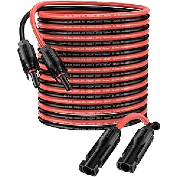 Saules baterijas kabelis 10 m 6 mm² Saules paneļa pagarinājuma kabelis 10AWG IP68 ūdensizturīgs adatera kabelis ar kontaktligzdu un spraudņa savienojumu (10 m sarkans + 10 m melns)