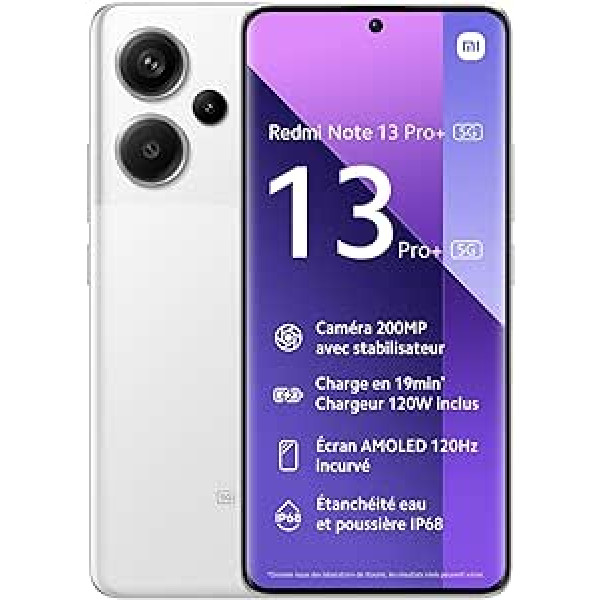 Xiaomi Redmi Note 13 Pro+ 5G viedtālrunis, 12 + 512 GB, 6,67 collu OLED displejs, Octa Core Dimensity 7200 Ultra, kamera ar 200 MP ar OIS, 5000 mAh, 120 W, balts [globālā versija]