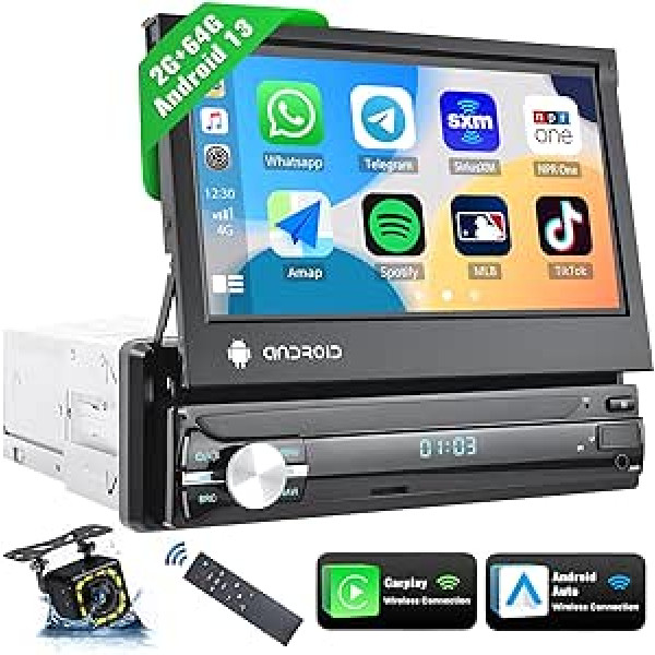 SIXWIN 2G+64G 1 Din Android Autoradio 7 Zoll Flip Out Touchscreen Bildschirm Wireless Apple CarPlay un Android Auto, Bluetooth GPS Navi WiFi FM/RDS Mirror Link DVR SWC+Rückfahrkamera Fernsteuerung