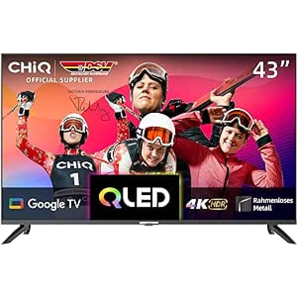 CHIQ U43QM8G 43 collu viedtelevizora ierīce, QLED UHD ar HDR, bezrāmju metāla dizains, Google TV, Dolby Audio, trīskāršs uztvērējs, 2.4G/5G WiFi, Google palīgs, HDMI 2.1, USB2.0, modelis 2023 melns