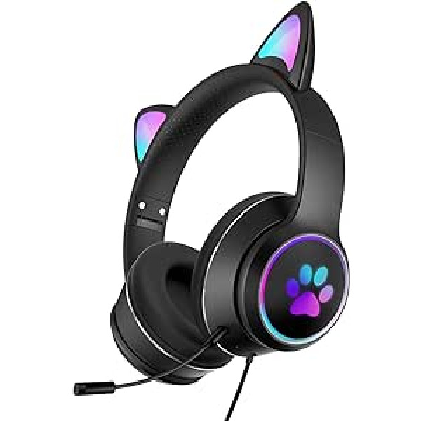 QOTSTEOS Cat Ear austiņas, vieglas vadu spēļu austiņas bērniem ar LED gaismu, salokāmu stereo skaņu ar mikrofonu un 3.5 audio kabeli mobilajam tālrunim/planšetdatoram/klēpjdatoram/personālajam datoram (melns)