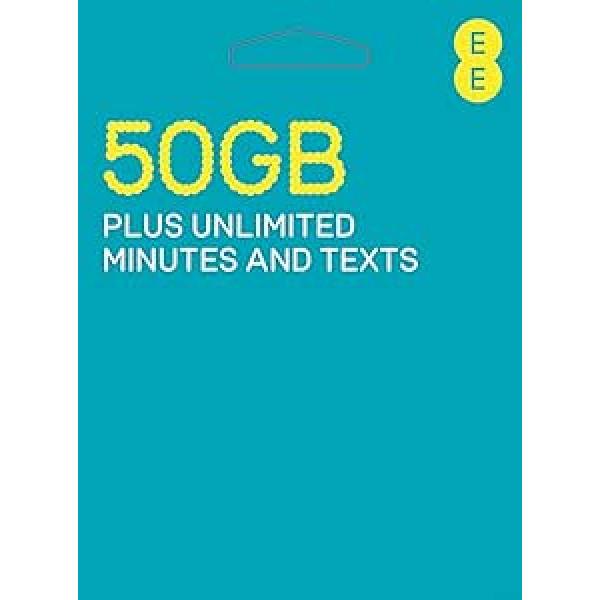 EE 70 GB datu SIM karte, ietver 20 GBP priekšapmaksas kredītu 70 GB datu, neierobežots minūšu skaits un neierobežots tekstu skaits