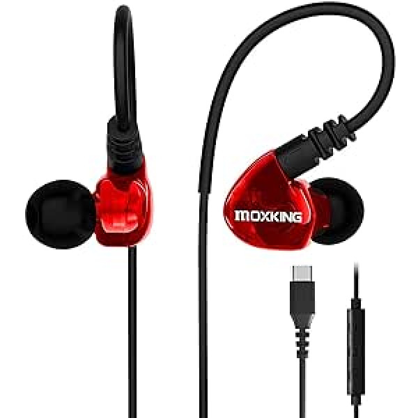 MOXKING Running Sports Earbud Austiņas, kas savienotas ar vadu, pāri ausij ieliekamās austiņas Trokšņa izolācijas ūdensnecaurlaidīgas austiņas, uzlabotas basa stereo austiņas ar mikrofonu un tālvadības pulti skriešanai (sarkans C tips)