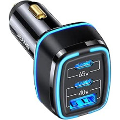 Automobilinis įkroviklis USB C 105W, Cigarečių žiebtuvėlis USB automobilinis įkroviklis su PD 65W 20W dviem USB-C prievadais ir 20W QC 3.0, automobilinis įkroviklis, skirtas iPhone 12/12 Pro/11, Samsung S10/S9, Huawei LG iPad nešiojamieji kompiuteriai