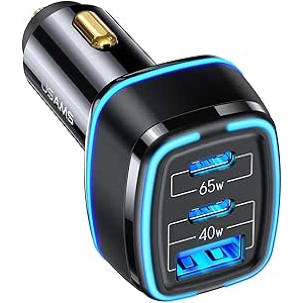 Automašīnas lādētājs USB C 105W, cigarešu šķiltavas USB automašīnas lādētājs ar PD 65W 20W dubultiem USB-C portiem un 20W QC 3.0, automašīnas lādētājs iPhone 12/12 Pro/11, Samsung S10/S9, Huawei LG iPad klēpjdatoriem