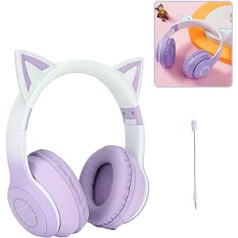 Gugxiom Cat Ear austiņas, bezvadu spēļu austiņas, izmantojot Bluetooth 5,1/3,5 mm AUX kabeli, salokāmas austiņas ar 7 krāsu LED gaismām un 4 LED režīmiem meitenēm (violeta)