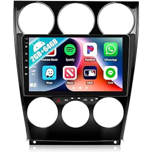 2G + 64G CAMECHO Android 12 automašīnas radio ar satelīta navigācijas ierīci Mazda 6 2004-2014, dubultā DIN automašīnas radio ar Carplay Android Car, 9 collu ekrāna RDS/FM spoguļa savienojumu Bluetooth un USB