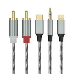 Lightning/USB Type C/3.5 mm to 2 RCA Aux Cable 1.3 m, 3 in 1 2 RCA RCA Cable Stereo for Lightning/USB Type C/3.5 mm Interface Compatible with iPhone/Huawei/Samsung Galaxy/Google Pixel/OnePlus