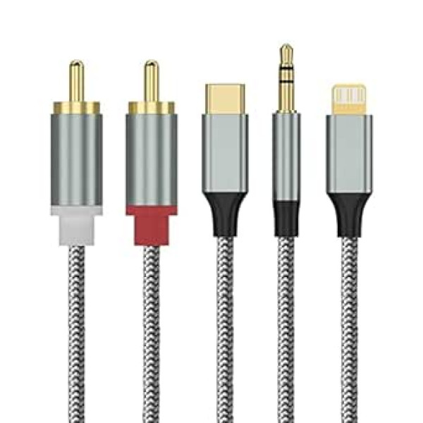 Lightning/USB tips C/3,5 mm līdz 2 RCA papildu kabelis 1,3 m, 3 in 1 2 RCA RCA kabeļa stereo ierīce Lightning/USB tipa C/3,5 mm interfeiss Saderīgs ar iPhone/Huawei/Samsung Galaxy/Google Pixel/OnePlus