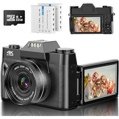 Digitālā kamera, autofokusa 4K 48MP kamera fotokamera 16x digitālā tālummaiņa kompakta kamera 3,0 collu 180 grādu apgriežamā ekrāna kamera iesācējiem, pieaugušajiem (32 GB Micro SD karte un platleņķa spogulis)