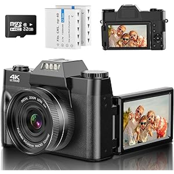 Digitālā kamera, autofokusa 4K 48MP kamera fotokamera 16x digitālā tālummaiņa kompakta kamera 3,0 collu 180 grādu apgriežamā ekrāna kamera iesācējiem, pieaugušajiem (32 GB Micro SD karte un platleņķa spogulis)