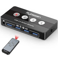 Rybozen 4 portu USB 3.0 slēdzis 4 datoriem, 4 in 4 izejas slēdzis ar 4 USB 3.0 kabeli, printerim, skenerim, tastatūrai, USB zibatmiņām, cietajiem diskiem, pelei, austiņām utt. Melns, pogu slēdzis un tālvadības pults