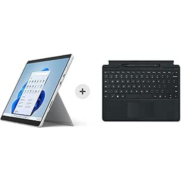 Microsoft Surface Pro 8, 13 collu 2 in-1 planšetdators (Intel Core i7, 16 GB RAM, 256 GB SSD, Win 11 Home) Platīna pelēka Microsoft Surface Pro paraksta tastatūra komplektā ar melnu plānu pildspalvu 2, melnu