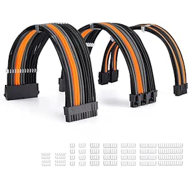 Formulamod Power Supply Extension Cable 18AWG (1) ATX 24P, (2) EPS 8-P+ (3) PCI-E8-P, with Combs for PSU to Motherboard/GPU (I, Black, Orange, Grey)