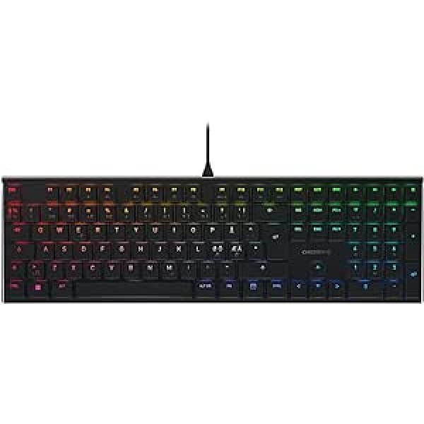 CHERRY MX 10.0N RGB, panorāmas izkārtojums, QWERTY tastatūra, vadu tastatūra, mehāniskā spēļu tastatūra, CHERRY MX zema profila RGB ātruma slēdži, melns