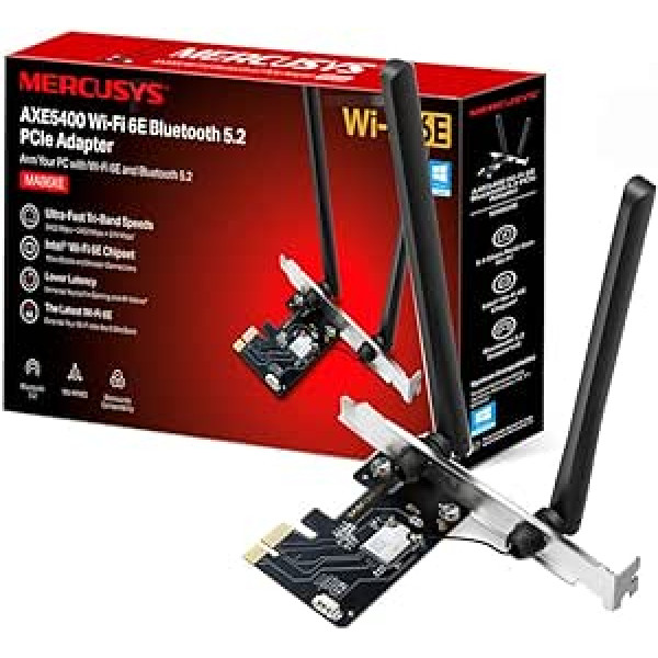 Mercusys AXE5400 trīsjoslu Wi-Fi 6E Bluetooth 5.2 PCIe adapteris ar divām antenām, OFDMA, MU-MIMO, zems latentums, Intel Wi-Fi 6 mikroshēmojums, jaunākais WPA3, atbalsta Windows 10/11 (64 bitu) (MA86XE)