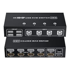 HDMI Displayport USB 2.0 KVM slēdzis 4 ports, BolAAzuL 4 PC 2 monitori 4K @ 60Hz HDMI 2.0 DP 1.2 KVM Switch Box Dual Monitors, Keyboard Mouse Perifērijas HDMI+DP KVM Switcher 4 in 2 Out