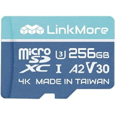 LinkMore 256 GB Micro SDXC karte, A2, UHS-I, U3, V30, saderīga ar 10. klasi, lasīšanas ātrums līdz 160 MB/s, rakstīšanas ātrums līdz 120 MB/s, iekļauts SD adapteris