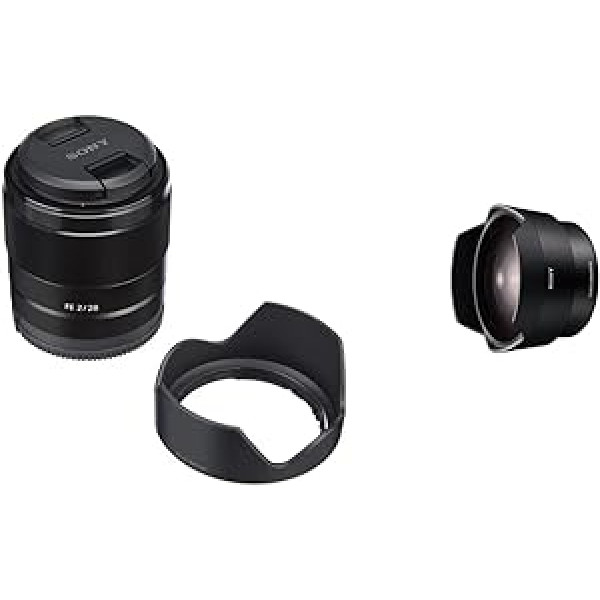 Sony SEL-28F20 platleņķa objektīvs (fiksēts fokusa attālums, 28 mm, F2, pilns formāts) melns un SEL057FEC, zivs acs pielikumu pārveidotājs, E-Mount pilna formāta, piemērots Sony SEL-28F20 melnajam objektīvam