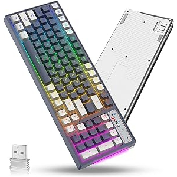 KUIYN 2,4 g bezvadu spēļu tastatūra. 12 RGB LED gaismas efekts Pilns 96 taustiņu Anti-ghosting 2000 mAh. 20h Akumulatora darbības laiks. C tipa uzlādes kabeļa divu toņu iesmidzināšana operētājsistēmai Win7 / Win10 / Win11 / Mac OS / PS4