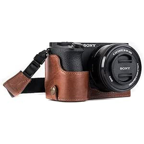 MegaGear Ever Ready Echtleder kamera - Halbtasche ar Trageriemen un Batteriezugang for Sony Alpha A6500 Dunkelbraun