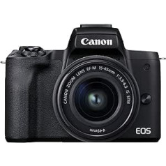 Canon EOS M50 Mark II kamera + objektīvs EF-M 15–45 mm F3.5-6.3 ir STM (24,1 MP, 7,5 cm skārienekrāna LCD, Wi-Fi, HDMI, Bluetooth, divu pikseļu CMOS AF sistēma, Eyes AF, 4K video , OLED EVF), melns