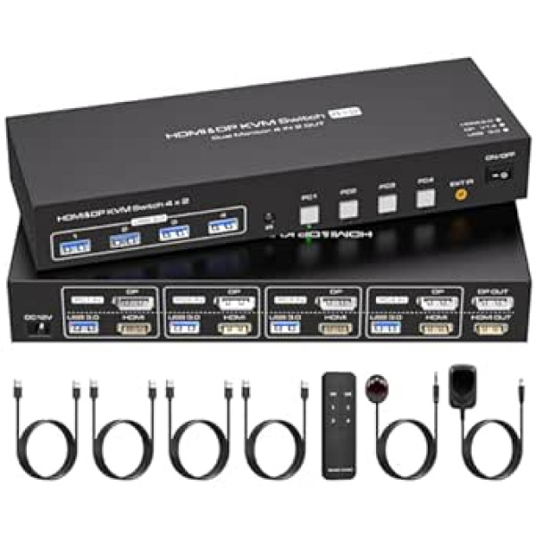 VPFET USB 3.0 DisplayPort HDMI KVM slēdzis 4 datori 2 monitori 4K60Hz KVM slēdži 4 datori koplietojami 2 monitori un 4 USB 3.0 ports Iekļauts DC12V adapteris un 4 USB 3.0 kabeļi