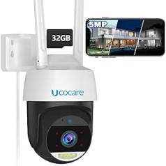 UCOCARE 5MP āra novērošanas kamera WiFi ar 32G atmiņas karti, 360° WiFi kamera ārā, automātiska izsekošana, 24/7 ierakstīšana, humanoīdu noteikšana, krāsaina nakts redzamība, divvirzienu audio, IP67