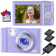 Digitālā kamera, Duluvulu 4K UHD 48MP Mini Fotokamera ar 32GB Speicherkarte Kompaktkamera Wiederaufladbare 16X Digitalzoom, Fotoapparat Digitalkamera für Kinder Teenager Anfänger Erwachsene-Violett