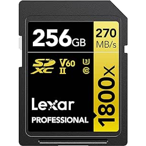 Lexar SDXC Professional 256GB 1800x UHS-II Gold Series, Class 10, U3, V60 for 4K Video Recording, Black