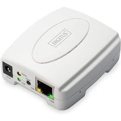 DIGITUS Fast Ethernet drukas serveris ar USB 2.0, 1x RJ45, 1x USB A, savienojuma sistēma, Drucker serveris, DHCP fähig, TCP/IP, Einfache instalācija, t.sk. Netzteil, Weiß