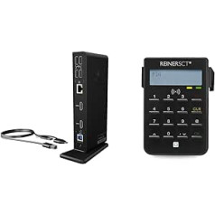 ICY BOX USB-C prijungimo stotis, skirta 2 monitoriams ir grynas SCT CyberJack RFID lustinių kortelių skaitytuvas, standartinis internetinės bankininkystės generatorius Magpie ID kortelės