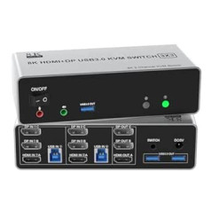 8K@60Hz HDMI +2 Displayport USB 3.0 KVM jungiklis 3 monitorius 2 kompiuteris, DP 1.4 + HDMI 2.1 KVM jungiklis Trigubas monitorius su garso mikrofonu ir 3 USB 3.0 prievadu, trigubas monitoriaus jungiklis