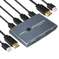 2 Port KVM Switch 4K 60Hz, Aluminium HDMI KVM Switch USB HDMI Switch for 2 Computers Share 1 HD Monitor and Keyboard, Mouse, Printer, U Disk